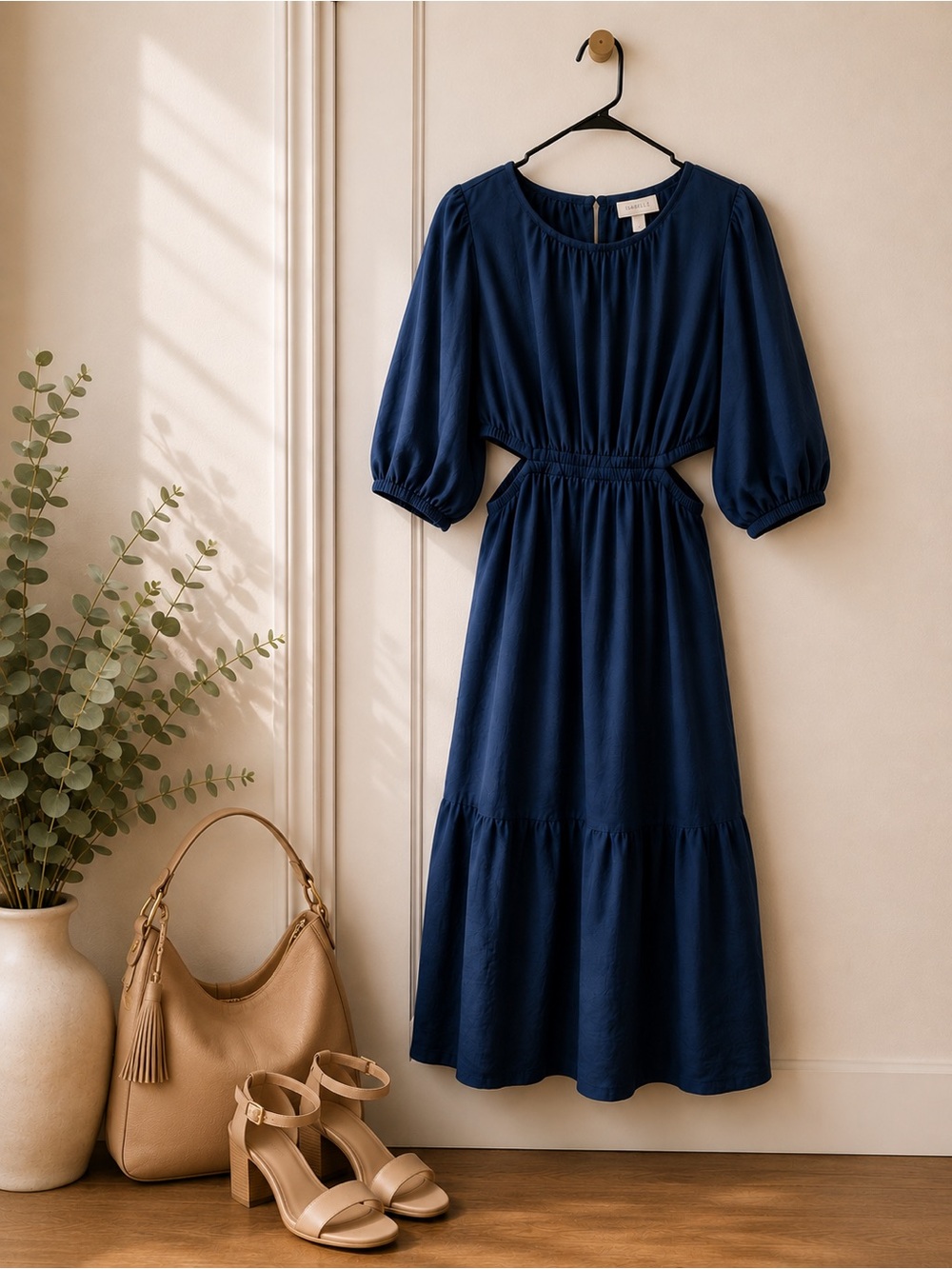 Classic Navy Midi Dress with Cutout Waist